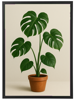 En smuk monstera-plante med store, grønne blade i en terracotta potte.