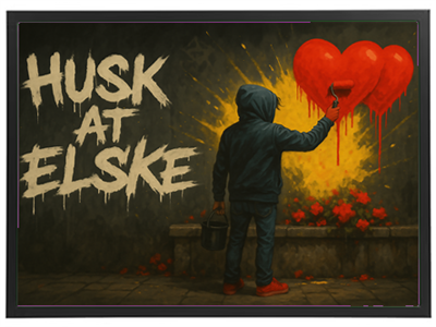 Et billede af en person, der maler røde hjerter på en væg med teksten Husk at elske.