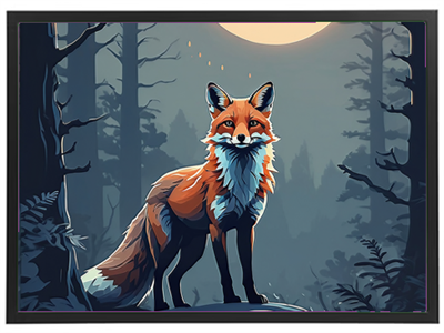 En farverig illustration af en ræv, der står i en skov med måneskin.