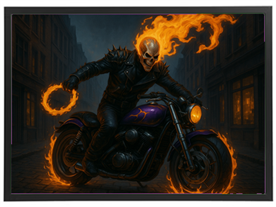 En skikkelse med et kranium og flammer, der kører på en motorcykel i en mørk gade.