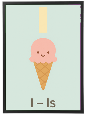 Et billede af en isvaffel med en glad iskugle og bogstavet I.