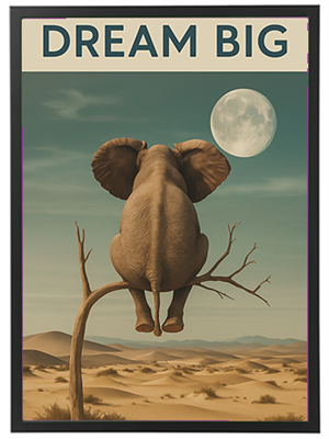 En surrealistisk illustration af en elefant, der sidder på en gren i en ørken under en fuldmåne.