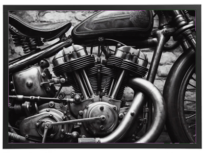 Et nærbillede af en vintage motorcykel med detaljeret motor og kromdele.