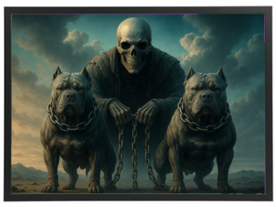 En skikkelse med kraniet står mellem to muskuløse hunde, der er kædret.