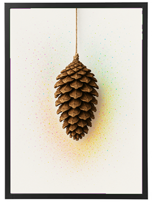 Et kunstnerisk billede af en kogle hængende foran en pastelfarvet baggrund med glimmer.