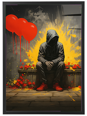 Et grafisk billede af en person i en hættetrøje, der sidder på en bænk omgivet af røde balloner og blomster.