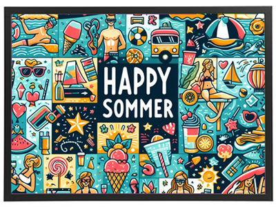 Et livligt collage med sommeraktiviteter, strand, is og solrige scener.