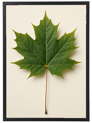 Et detaljeret billede af et friskt, grønt ahornblad præsenteret på en lys baggrund.