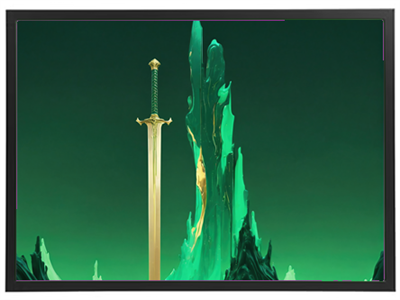 Et gyldent sværd står majestætisk i et surrealistisk, grønt landskab.