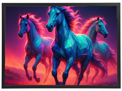 Et farverigt og geometrisk billede af tre heste, der løber gennem en drømmende landskab.