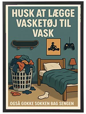En illustration med en besked om at huske at lægge vasketøj til vask, med en bunke tøj og en seng.