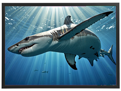 Et billede af en majestætisk haj svømmende i klart, blåt vand med lysstråler, der bryder overfladen.