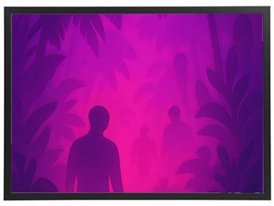 Et farverigt og drømmende billede med silhuetter af mennesker i en tropisk jungle.