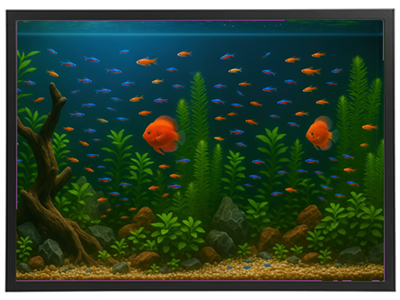 Et akvarium fyldt med farverige fisk og frodige planter i en rolig undervandsverden.