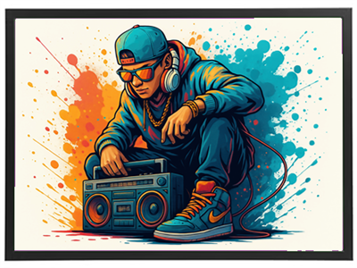 En farverig illustration af en ung mand iført cap og hovedtelefoner, der sidder ved en boombox.