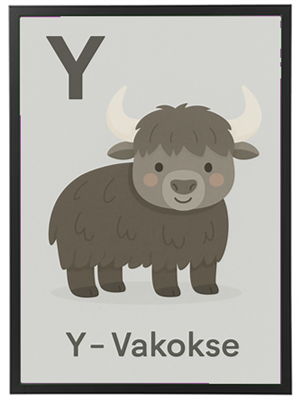 Et sødt, tegnet billede af en vakose med horn, der repræsenterer bogstavet Y.