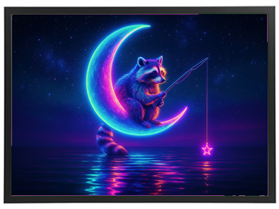 Et farverigt og fantasifuldt billede af en vaskebjørn, der fisker fra en lysende måne.