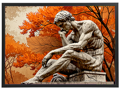 En skulptur af en mand, der sidder i efterårsfarver med orange blade i baggrunden.