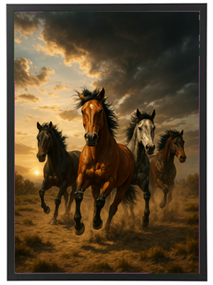 Fire heste løber frit gennem landskabet under en dramatisk himmel.