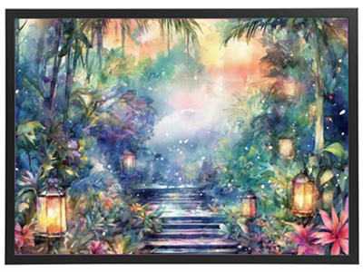 Et farverigt og drømmende billede af en sti gennem en tropisk have med lanterner og frodig vegetation.