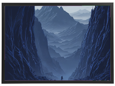 En dramatisk dal med høje bjerge i baggrunden, hvor en ensom skikkelse står og betragter landskabet.