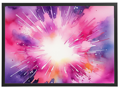 En abstrakt vandfarveillustration, der viser en lysende eksplosion af farver i nuancer af pink, lilla og orange.