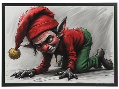 Et skræmmende billede af en alv i rød hue, der krabber på jorden med en truende mine.