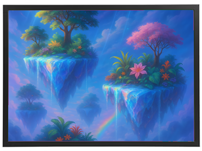 Et farverigt landskab med svævende øer, træer og blomster under en blå himmel.