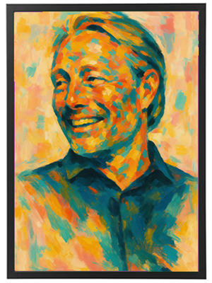 Et farverigt maleri, der viser en smilende mand med en lys blå skjorte, omgivet af abstrakte farver.