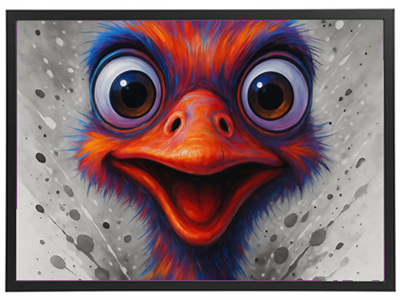 Et livligt og farverigt billede af en struds med store, udtryksfulde øjne og en glad mine.