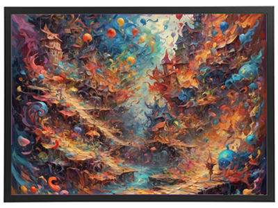 Et surrealistisk landskab fyldt med farverige former og fantasifulde bygninger.