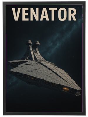 Et billede af en Venator rumskib svævende i rummet med en mørk baggrund.
