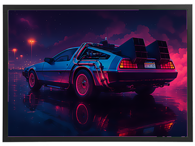 En retro-futuristisk bil med neonbelysning, der står på en våd vej i natten.