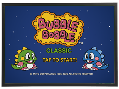 Billedet viser titlen og startskærmen for det klassiske videospil Bubble Bobble.