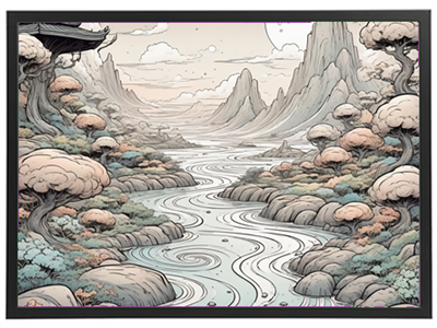 Et stiliseret landskab med en snoet flod, bjerge og træer i bløde farver.