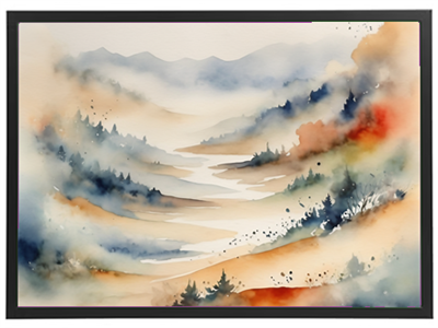 Et smukt vandfarve maleri af et bjergrigt landskab med en snoet flod og tåge.