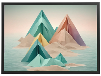 En stiliseret illustration af bjerge i forskellige farver, der står i vand.