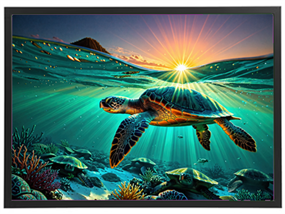 En smuk skildpadde svømmer under vandet, oplyst af solens stråler.