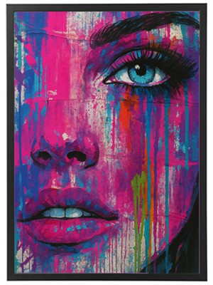 Et kunstværk der viser et ansigt med intens blå øjne og dristige, farverige stræk af maling.