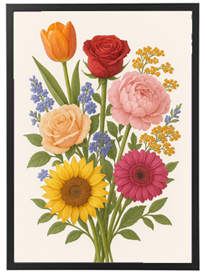 En smuk illustration af en buket med forskellige blomster som tulipaner, roser og solsikker.