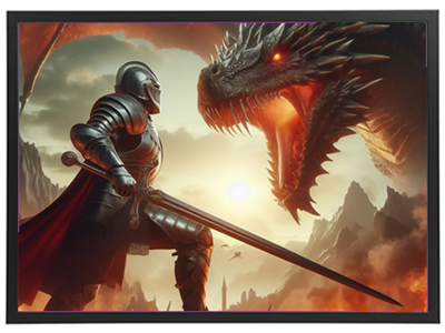 Et dramatisk møde mellem en rustningsklædt ridder og en truende drage i en brændende landskab.