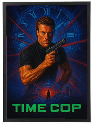 Plakat til filmen Time Cop, der viser en muskuløs mand med en pistol i en futuristisk setting.