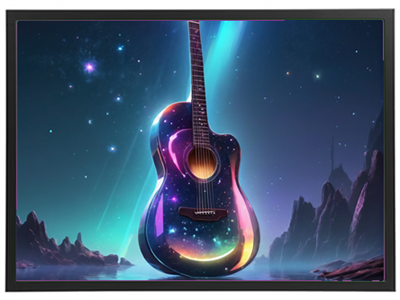 En farverig guitar svæver i et stjernespekket landskab, omgivet af mystiske klipper.