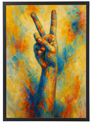 Et maleri af en hånd, der viser fredstegnet, omgivet af farverige penselstræk.