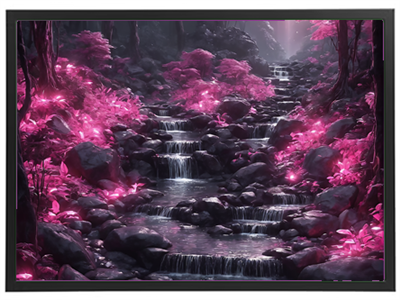 Et smukt landskab med et vandfald, omgivet af lyserøde planter og sten.