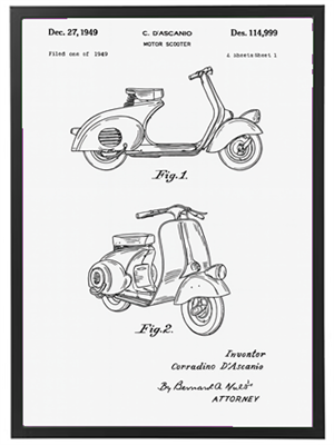 Illustration af scooter design med detaljerede tegninger af to forskellige modeller.