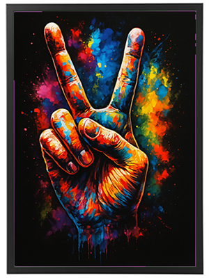 Et farverigt billede af en hånd, der laver V-tegnet, omgivet af sprøjt af farver.