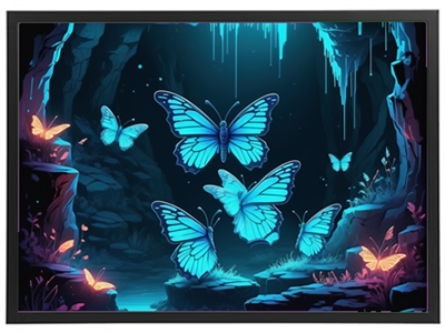 Et farverigt billede af sommerfugle, der svæver i en mystisk hule med blåt lys.