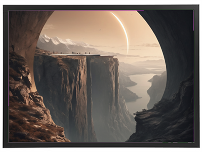 En dramatisk udsigt fra en klippe, der viser en dyb kløft og en planet i horisonten.