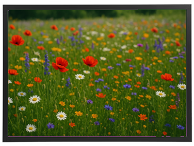 En smuk blomstereng fyldt med røde, hvide og lilla blomster, der skaber et livligt landskab.
